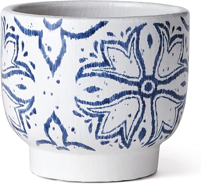 MY SWANKY HOME Mediterranean Blue White Medallion Planter Round Graphic Floret Coastal Pottery Indoor Outdoor 8 in Dia