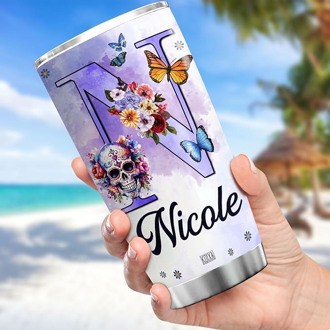 Personalized Initial Coffee Tumbler Skull Custom Name Birthday Gifts For Women Adults Teens Friends Flower Travel Mug With Lid Insulated Cup Oz Cold Steel Tumblers Jewelry Style