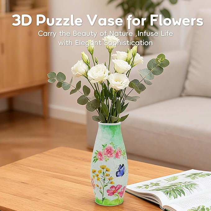 MYLARREN 3D Puzzle Vase for Adults & Kids, 152 Pcs 3D Puzzle Planter Vases for Flowers, Arts and Crafts for Kids 4-6, Adults, Girls, Cute Unique Flower Vases with Night Light(Butterfly)