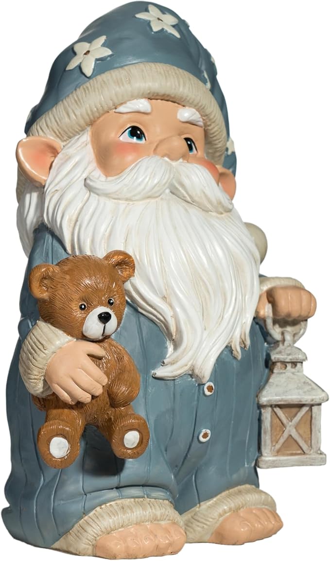 Sleepy Garden Gnome with Teddy Bear & Lantern - 9" Weatherproof Resin Statue - Indoor Outdoor Decor - Whimsical for Home, Patio & Lawn