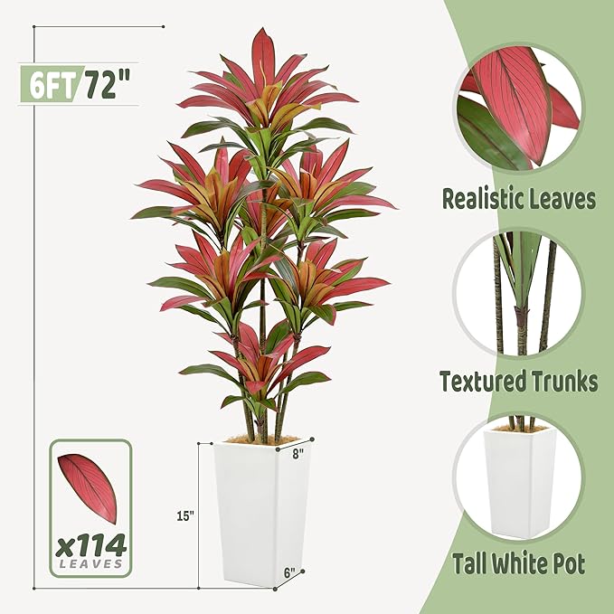 Roselywed Artificial Red Dracaena Tree 6FT with 114 Leaves & 7 Heads & White Tall Planter Cover with Coconut Fiber Tall Faux Tropical Silk Bicolor Plant 72 Inch for Indoor Home Office Porch Mall Decor