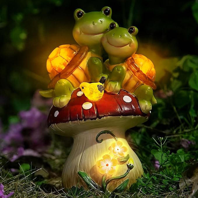 Solar Light Turtle Garden Statue, Turtle on Mushroom Figurine, Lovely Tortoise Garden Statue with 5 LED Lights for Patio, Balcony, Yard, Housewarming, Lawn Ornament, Outdoor Lawn Decor Christmas