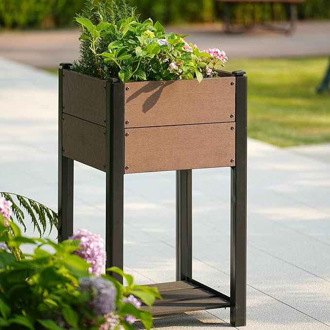 19" l x 33"h HDPE Elevated Garden Bed with Storage Shelf - Wood Grain Finish, All-Weather Standing Planter Box with Sturdy Black Aluminum Frame for Vegetables, Herbs on Patio, Balcony & Outdoors