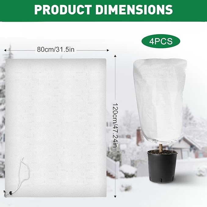 4 Pack Winter Plant Covers Freeze Protection, 47 "x 31" Thickened Frost Blankets for Outdoor Plants, Fruit Trees, Shrubs & Potted Plants | Reusable Cloth Plant Covers Jacket with Drawstring-White