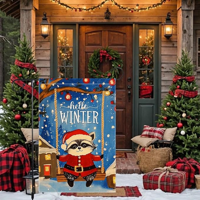Hello Winter Garden Flag 12x18 Inch Double Sided Burlap Cute Raccoon in Santa Suit on Swing Christmas Holiday Outdoor Decor for Yard Porch Lawn Winter House Decoration