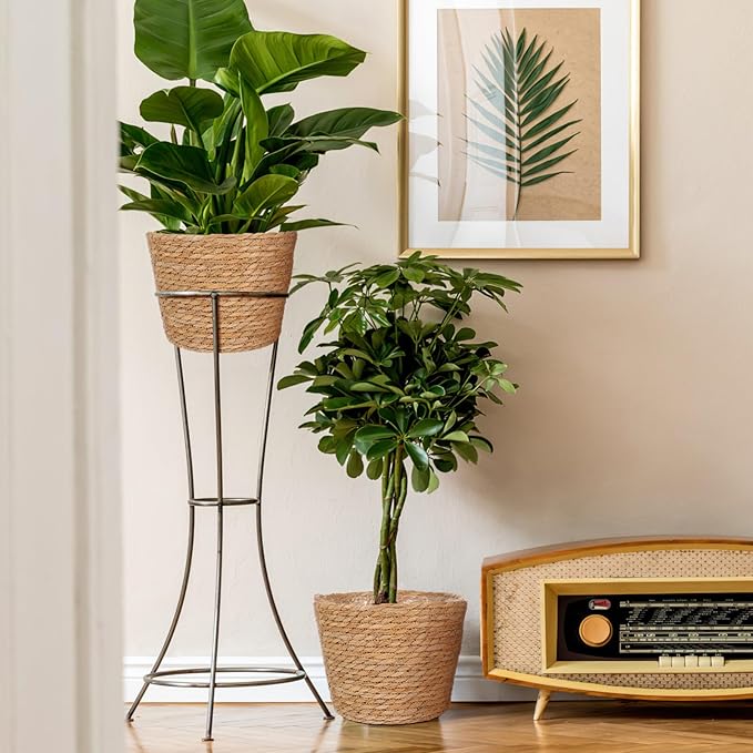 Woven Straw Flower Basket, Seagrass Planters Pot, Garden Plant Pot Containers Wicker Rattan Vase Sundries Organizer Storage Bins for Indoor Outdoor Plants