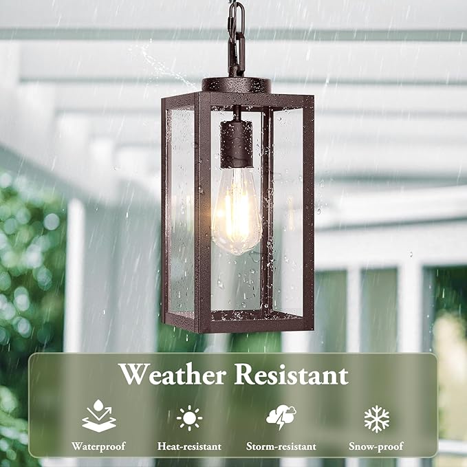 BesLowe 1-Pack Outdoor Pendant Light, 13” Modern Hanging Lantern Light for Outside, Brown Exterior Pendant Lighting Fixture with Adjustable Chain, Outdoor Chandelier for Porch, Gazebo, Front Door