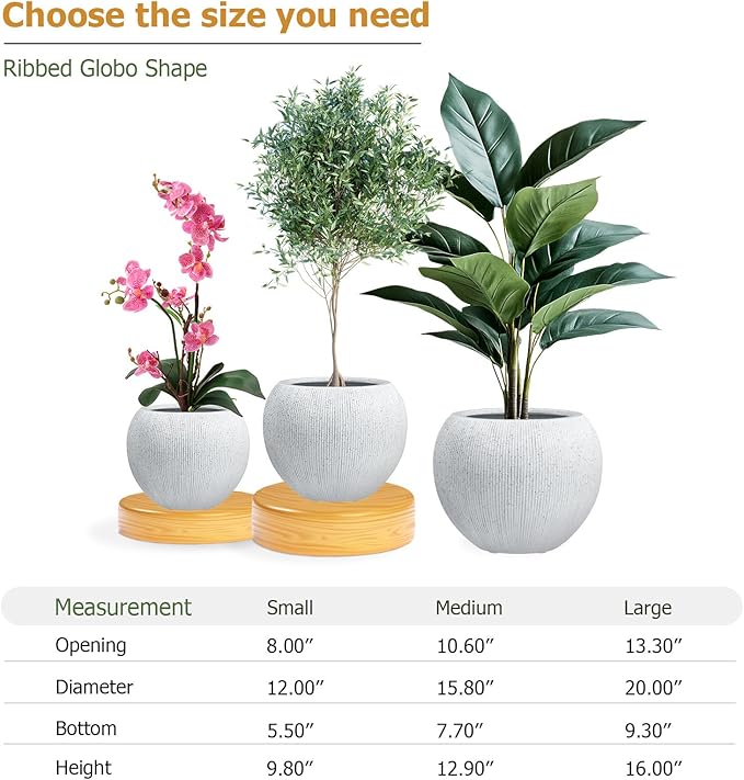KUTE NEST 16" H x 20" D Ribbed Globo Fiberstone Round Planter with Drainage Hole, Weather Resistant for Indoor and Outdoor Use, Included 2 Extra Coco Mats (Speckled White, 13.5" Pot Opening)