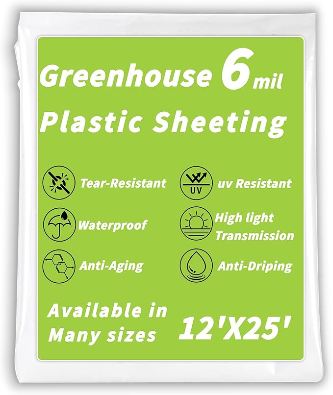 Greenhouse Plastic Sheeting 6 Mil,12 x 25 FT Transparent UV Resistant Polyethylene Film, Tear-Resistant Green House Hoop Cover for Gardening, Farming, Nursery, Henhouse, Anti-Drip & Weatherproof