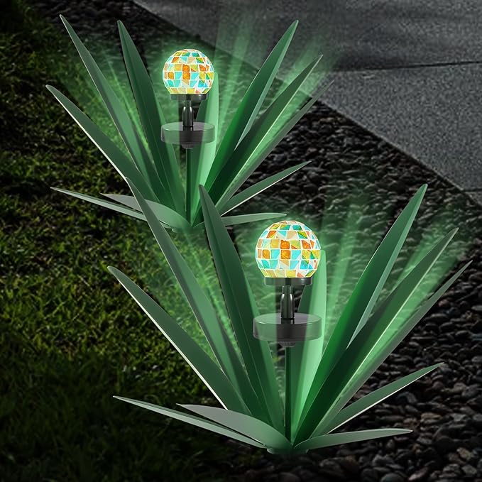 TOMBABY Enlarge Metal Plants Tequila Rustic Sculpture, Outdoor Patio Yard, Home Decor Hand Painted Agave Garden Statue, Outdoor Lawn Ornaments Yard Stakes for Mom Gift (2 Solar Green)
