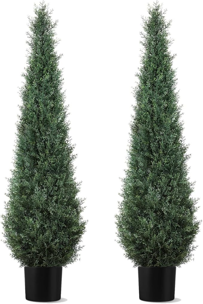 Artificial Trees for Outdoors, BUZIGUBY Artificial Cedar Topiary Trees, 5FT Topiary Trees Artificial Outdoors for Porch, Dense Arborvitae Tree for Front Door Patio Deck Balcony Yard Decor, 2 Pack