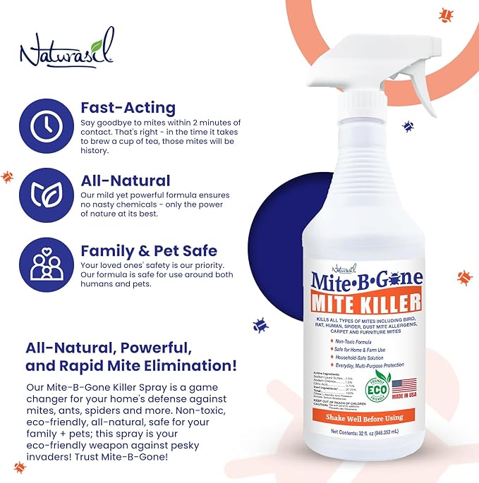 Mite Killer Spray by Mite-B-Gone - 32oz | Plant-Based Treatment for Human, Dust, Chicken, Bird, Carpet & Rat Mites in Homes, Furniture & Bedding | Farm, Family & Pet Safe