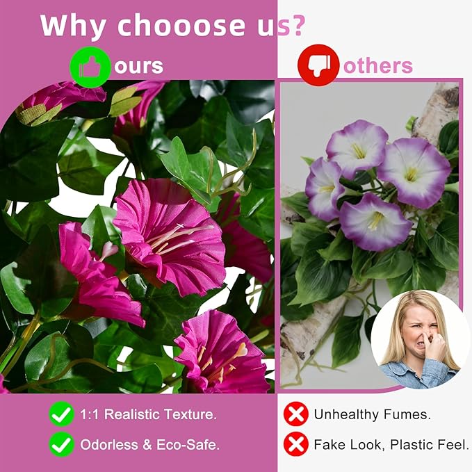 Morning Glory Artificial Hanging Flowers for Outdoors 3 Pcs Fake Petunias Flower Faux Silk Long Trailing Vines Realistic Flower for Front Door Porch Patio Balcony Garden Yard Decor (3 Pcs Fuchsia)