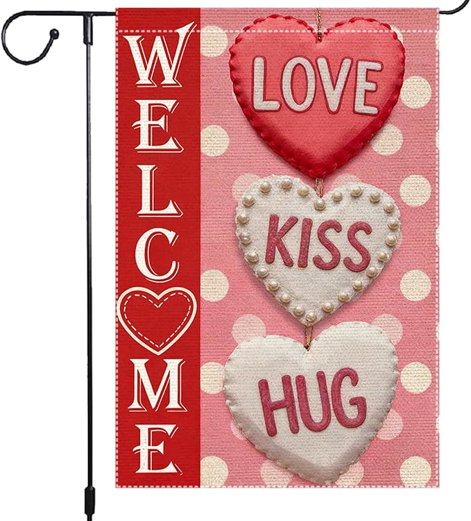 Welcome Love Kiss Hug Garden Flag Valentines Day Garden Flags 12x18 Inch Double Sided Small Burlap Valentine’s Day Seasonal Decor for Outdoor Yard Patio Porch