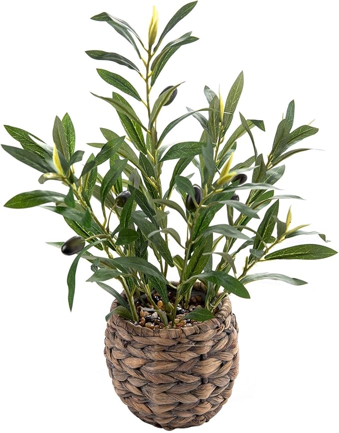 Ainuowei Indoor Fake Olive Plants 17.7 inches Tall Lifelike Artificial Olive Plants with Cyan Fruits in Brown Rattan Planter for Shelf Office Desk Kitchen Counter Small Space Artificial Plant Decor