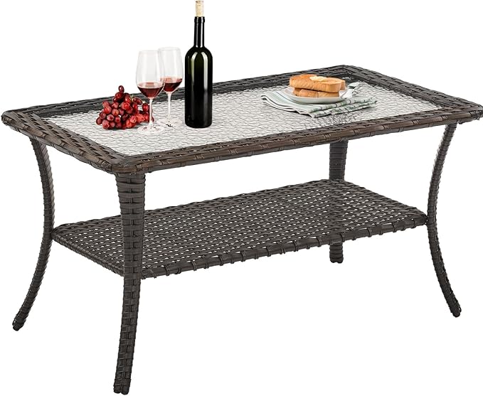 Belord Outdoor Coffee Table for Patio - 40 Inch Rattan Patio Coffee Table with 2-Layer Storage, Rectangular Tempered Glass Outdoor Wicker Table for Porch Balcony Deck Brown