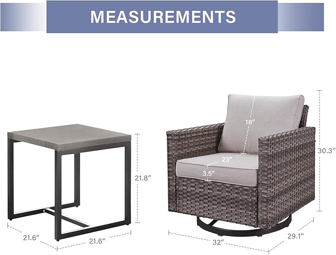 Outdoor Patio Swivel Rocker Chairs - 3 Piece Wicker Patio Furniture Bistro Swivel Rocking Chairs Set with Comfortable Cushions,Sturdy Metal Frame and Side Table for Porch Deck(Mixed Grey/Beige)