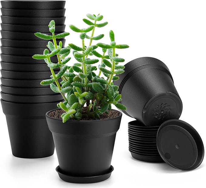 FHWTY 16 Pack Plastic Plant Pots with Drainage Holes and Tray, 4 inch Thickened Indoor Planters Seedlings Nursery Pots for Flowers, African Violet, Succulent and All House Plants, Black