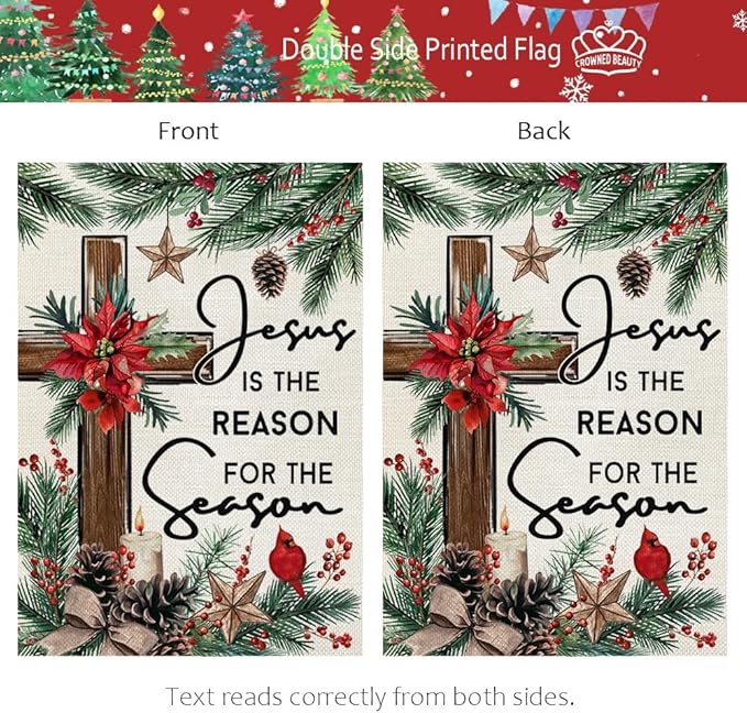 CROWNED BEAUTY Christmas House Flag Jesus Is the Reason for the Season 28x40 Inch Double Sided Religious Cross Decoration for Outside Yard CF1890-40