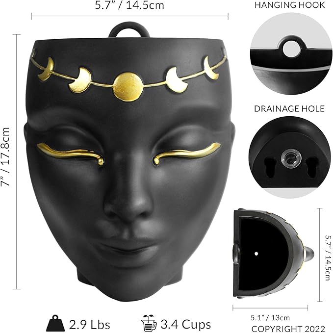Head Planter - Indoor & Outdoor Home Decor Gifts for Plant Lovers - for Flat Surface or Wall Mount - Unique Face Planter for Flowers, Succulents, & More (7 inch, Luna Design, Black)