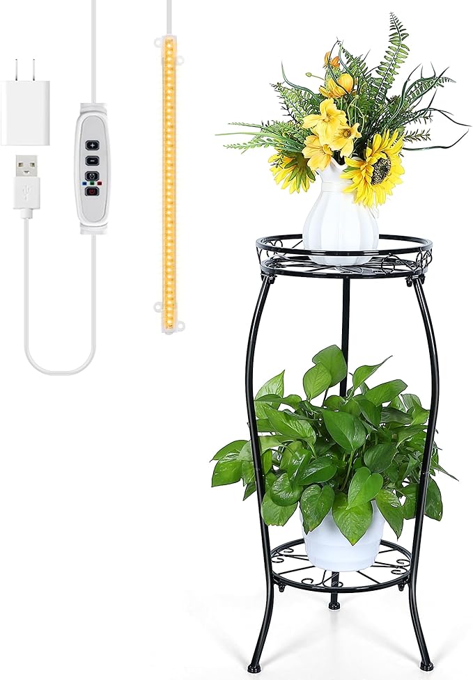 Dunkive Plant Stand indoor Outdoor 2 Tier 27" with Grow Light, Tall Metal Potted Holder Rack Flower Stand Rustproof Iron Heavy Duty Round Plant Shelf for Planter Corner Home Garden Balcony Patio