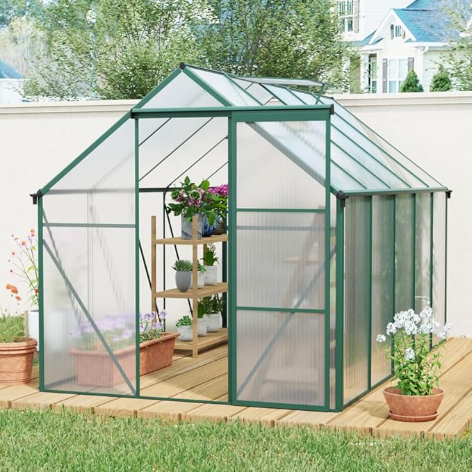 6X10FT Polycarbonate Greenhouse Raised Base and Anchor Aluminum Heavy Duty Walk-in Greenhouses for Outdoor Backyard in All Season Green