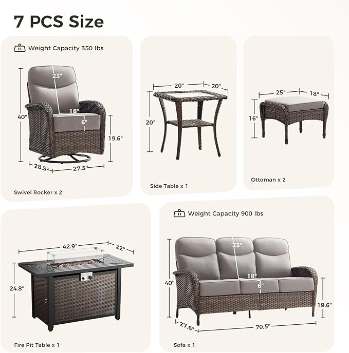 Luxury Patio Furniture Set with Fire Pit Table, Outdoor Furniture Set with High Back Swivel Chairs & 6-inch Thick Cushions, 7 PCS Fire Pit Patio Set for Yard, Deck, Poolside, Brown/Beige