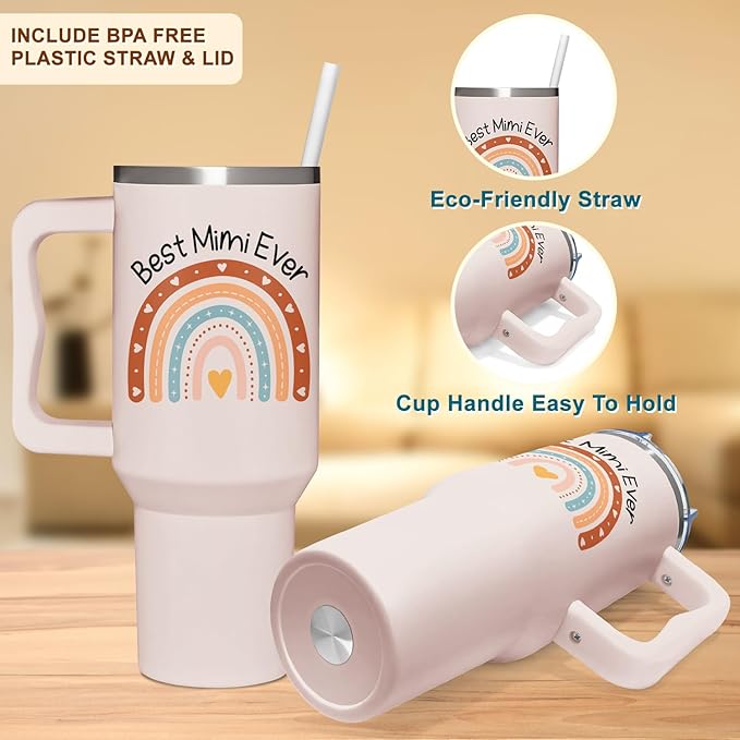 AT2Z GLOBAL Best Mimi Ever Gifts - Mimi Gifts from Grandchildren - Mothers Day, Christmas, Birthday Gift for Grandma - 40Oz Tumbler with Handle for New Grandma