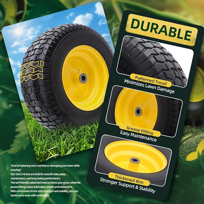 16x6.50-8 tire and wheel Flat Free Assemblies (2 Pack), Lawn Mower Tires with Rim, Solid Rubber Riding Lawn Mower Tires and Wheels,3" Offset Hub,3/4" Bushings,16x6.5-8 Tractor Turf Tire