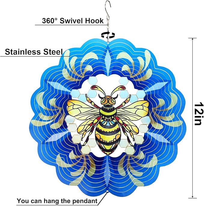 Bee Wind Spinners 3D Hanging Spinner Bee Gifts for Women Mom Grandma Dad,12inch Metal Spring Wind Kinetic Sculpture for Outdoor&Indoor Decor, Yard Art, Garden Ornament Decoration