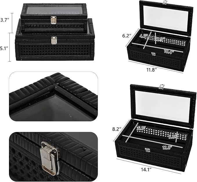 Cane and Rattan Decorative Storage Boxes with Lids - Elegant Set of 2, Stacking Boxes with Glass Top, Handcrafted Rustic Charm for Home Organization (Black, 14.1"x8.2"x5.1")