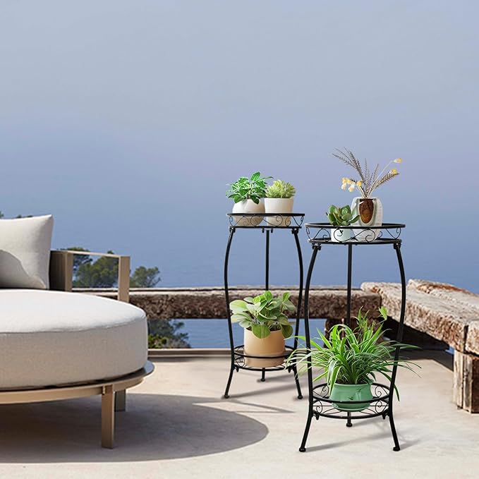 Cometofit Plant Stand Indoor Outdoor 2 Tier 27" Tall Metal Potted Holder Rack Flower Pot Stand Heavy Duty Plant Shelf Rustproof Iron Multiple Plant Round Supports Rack for Planter Corner Garden