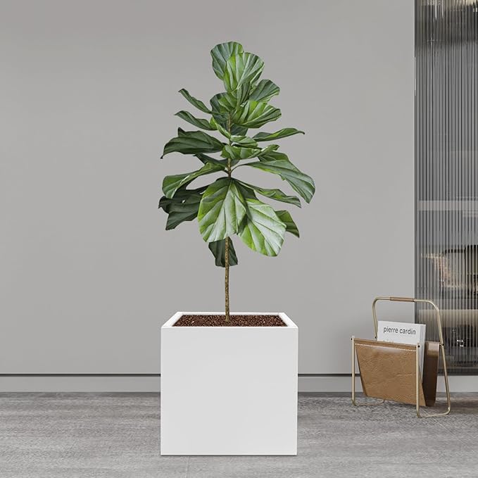 16~32inch Steel Planter Square Outdoor Planters Box Indoor Metal Large Planters Cube, Heavy Duty Flower Pot Modern for Commercial Residential Home Garden Porch Hotel Patio (White, 20×20×20in)