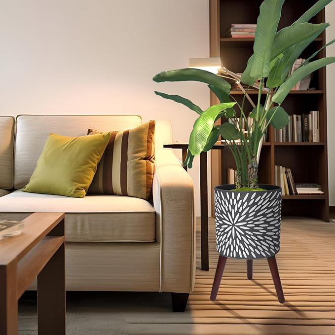 Opnons 12 Inches Plant Pot with Stand, Large Modern Standing Planters for Indoor Plants with Drainage Holes, Gray Flower Pots with Legs