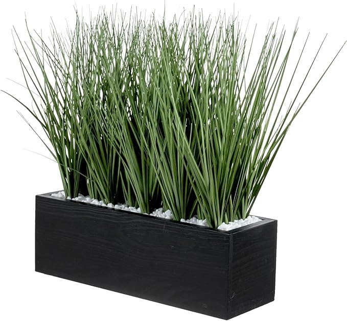 MyGift 12 Inch Artificial Green Grass Plants in Rustic Black Solid Wood Planter Box, Faux Greenery Plant Centerpiece in Decorative Rectangular Wooden Container
