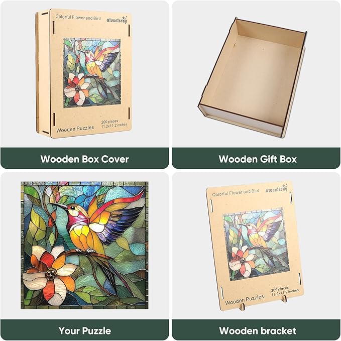 Qiuenisray Wooden Puzzles for Adults 500 Piece, Stained Glass Hummingbird Puzzle, FSC Certified Wall Decor Unique Animal Shape Puzzles, for Family Friend 15.9x15.9 in