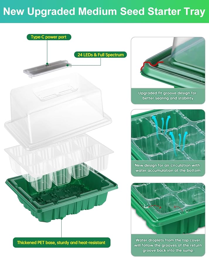 RODINTO 4 Packs Medium Seed Starter Tray, Adjustable Brightness and Timer, Upgraded 24 Full Spectrum LEDs, Seed Starter Kit with Drainage Holes, Tools and Labels for Indoor Plant Growing