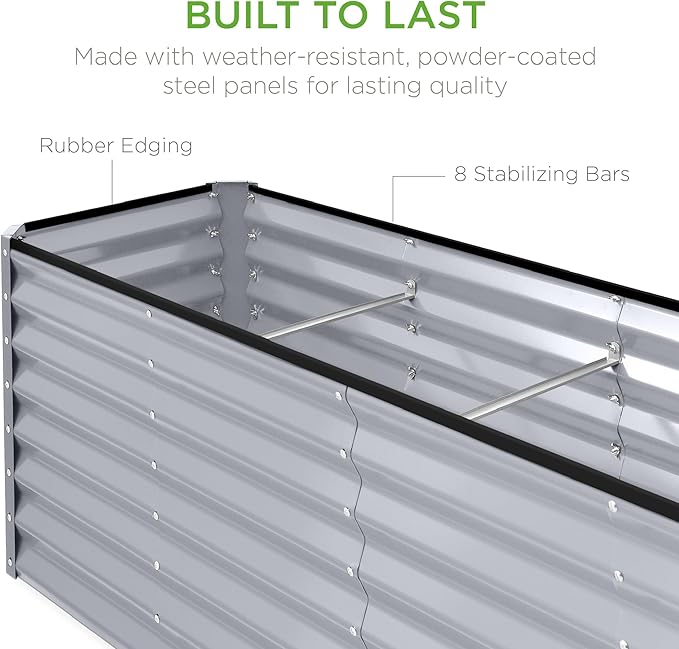 Best Choice Products 8x2x2ft Raised Outdoor Metal Garden Bed, Rectangular Planter Box for Herbs, Flowers, and Deep Root Vegetables w/ 240 Gallon Capacity - Moonlight Gray