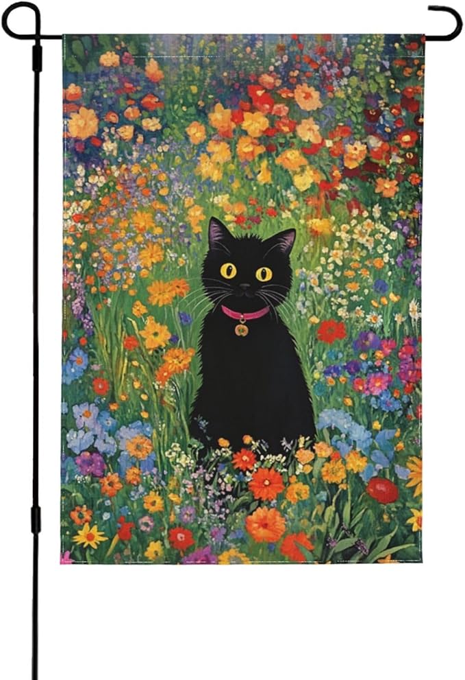 Cat With Flower Garden Flag 12x18 Inch Double Sided All-Weather Polyester Outdoor Flag For Patio Lawn Yard And Garden Welcome Decor