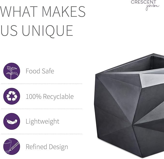 Crescent Garden Modern Geometric Origami Planter, Plant Pot, 26-Inch (Caviar Black)