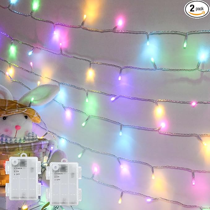Easter String Lights Battery Operated, Pastel Easter Lights with Timer 9.8ft 30LED Transparent Wire Fairy Lights for Easter Decorations Garland Outdoor Indoor Party 2 Packs
