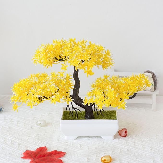 Mini Artificial Bonsai Tree Plants with Plastic Cement Pots for Home Office Décor(Yellow)