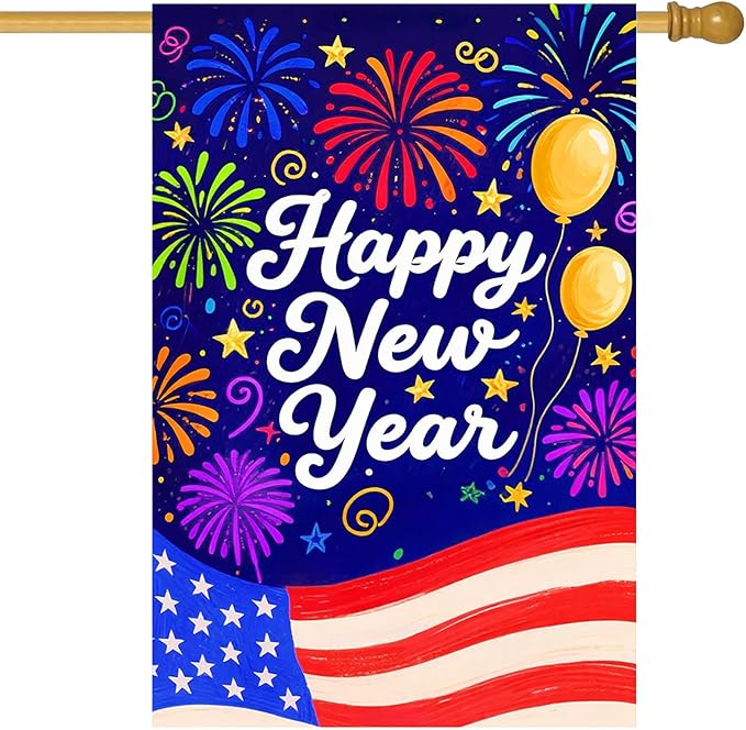 Happy New Year House Flag 28x40 Inch American Flag Fireworks and Balloons Design Garden Flag Patriotic Holiday Outdoor Yard Decoration Celebration Banner for Home Porch Lawn
