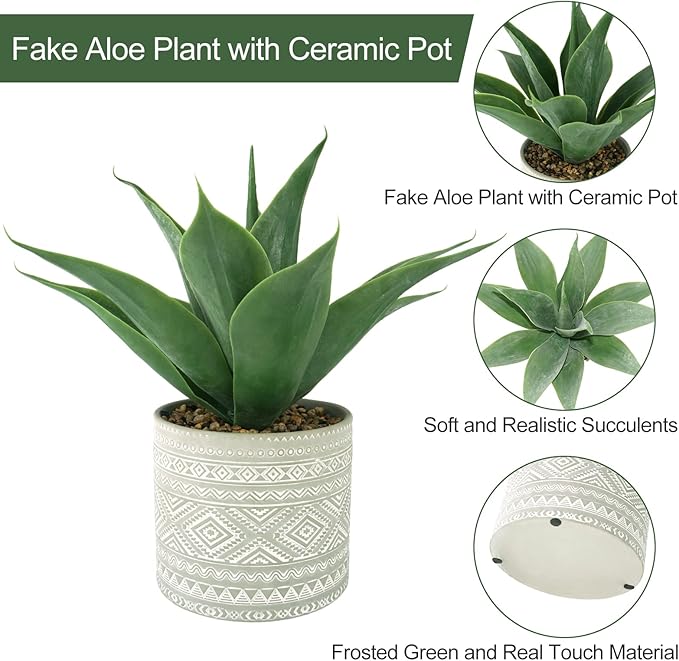 Hisow Artificial Potted Plants, 13.8" Artificial Succulent Fake Aloe, Large Faux Aloe Plant in Pot for Home Office Room Badroom Garden Decor (Grey)
