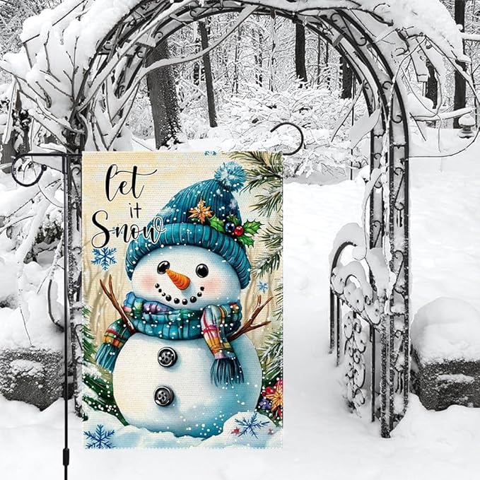Snowman Garden Flag 12x18 Inch Double Sided Burlap Winter Let It Snow Outdoor Yard Flag Holiday Christmas Seasonal Welcome Banner for House Lawn Porch Small Decorations