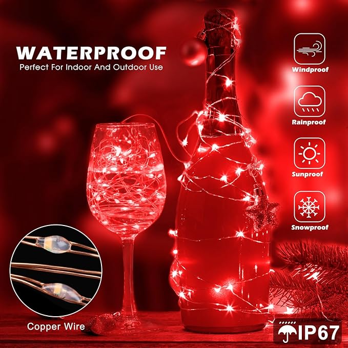 Fairy Lights 66ft 200 LED USB Twinkle String Lights Plug in Silver Wire Lights with Remote and Timer 8 Modes Outdoor Waterproof Starry Lights DIY Party Wedding Christmas Decoration（Red）