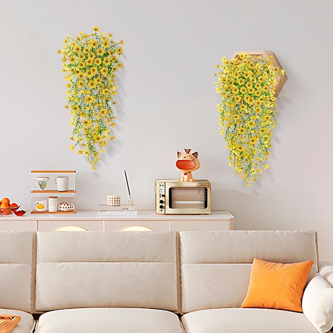 Artificial Hanging Flowers Plants for Outdoor Fall Decoration, 2PCS Faux Silk Daisy UV Resistant Look Real for Outside Home Indoor Planter Porch Garden Yard Autumn Decor(Yellow)