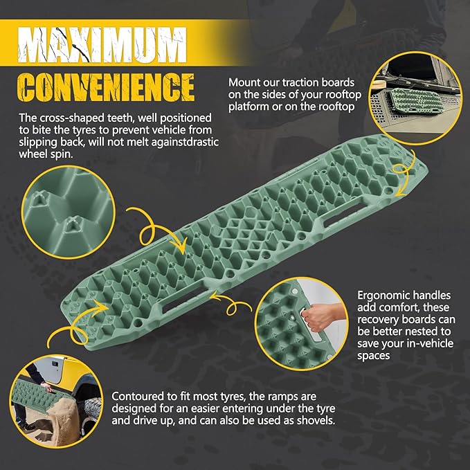 BUNKER INDUST Off-Road Traction Boards with Jack Base,Pair Recovery Track 4X4 Jeep Truck Emergency Tire Traction Mat with Bag -Sand, Mud, Snow Tracks Green Traction Pad (Gen 7th)