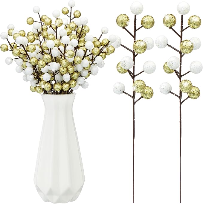 24 Pcs Christmas Glitter Berries Stems, 8.8" H Artificial Christmas Picks for Xmas Tree Ornaments, Holiday Wreath DIY Crafts, Xmas and Home Decor (Gold, White)