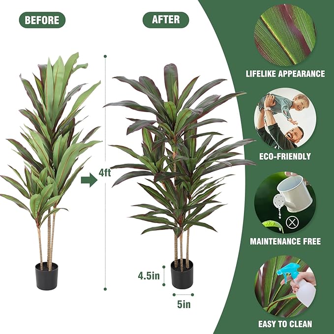 FLOWORLD Dracaena Artificial Plant 4ft Red Yucca Silk Tree Faux Plants Indoor Tall Fake House Floor Plants Realistic Artificial Trees for Home Office Decor Indoor Outdoor Housewarming Gift